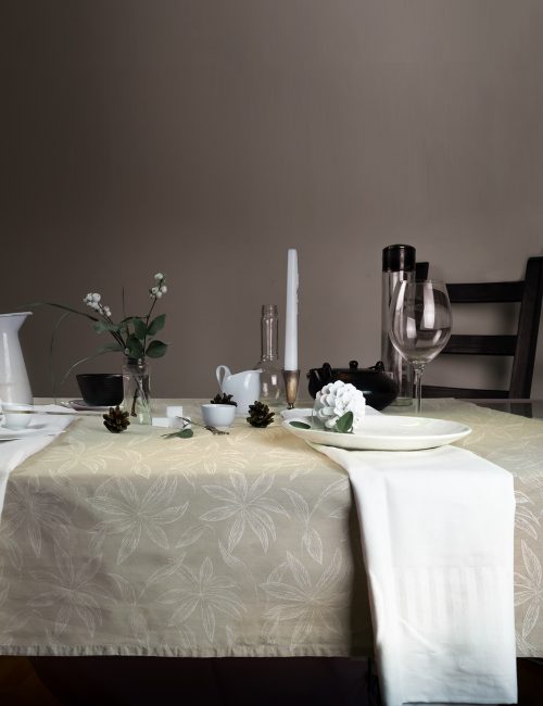 elegant table setting. Christmas. romantic dinner - tablecloth, cutlery, candles, flowers, buds.; Shutterstock ID 500341057; purchase_order: -; job: -; client: -; other: -