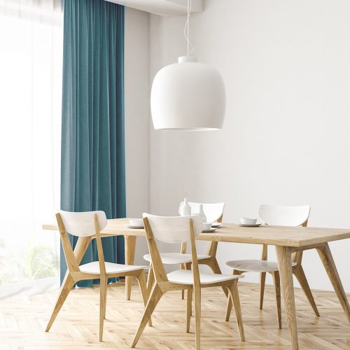 White and wooden dining room corner with a wooden floor, a wooden table with chairs and a loft window. 3d rendering mock up; Shutterstock ID 1120727474; Purchase Order: -